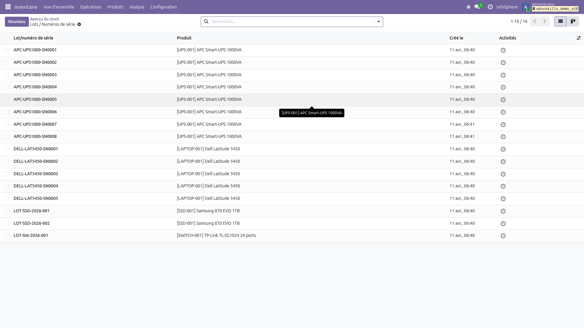 Liste des lots et numéros de série dans Odoo 19
