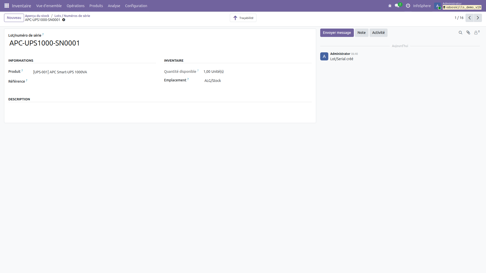 Détail d'un lot ou numéro de série Odoo 19