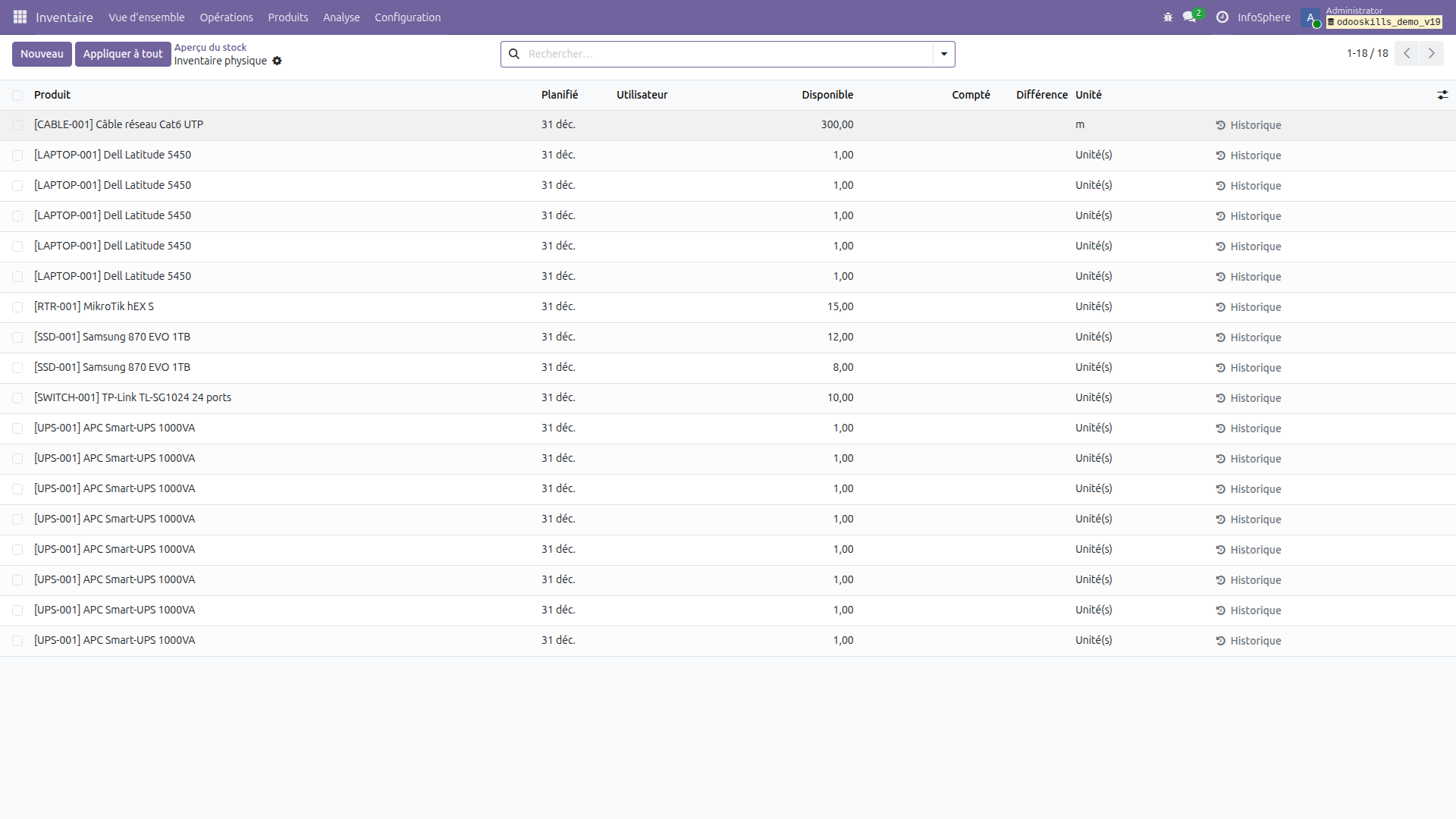 Inventaire physique Odoo 19 avec lots et numéros de série