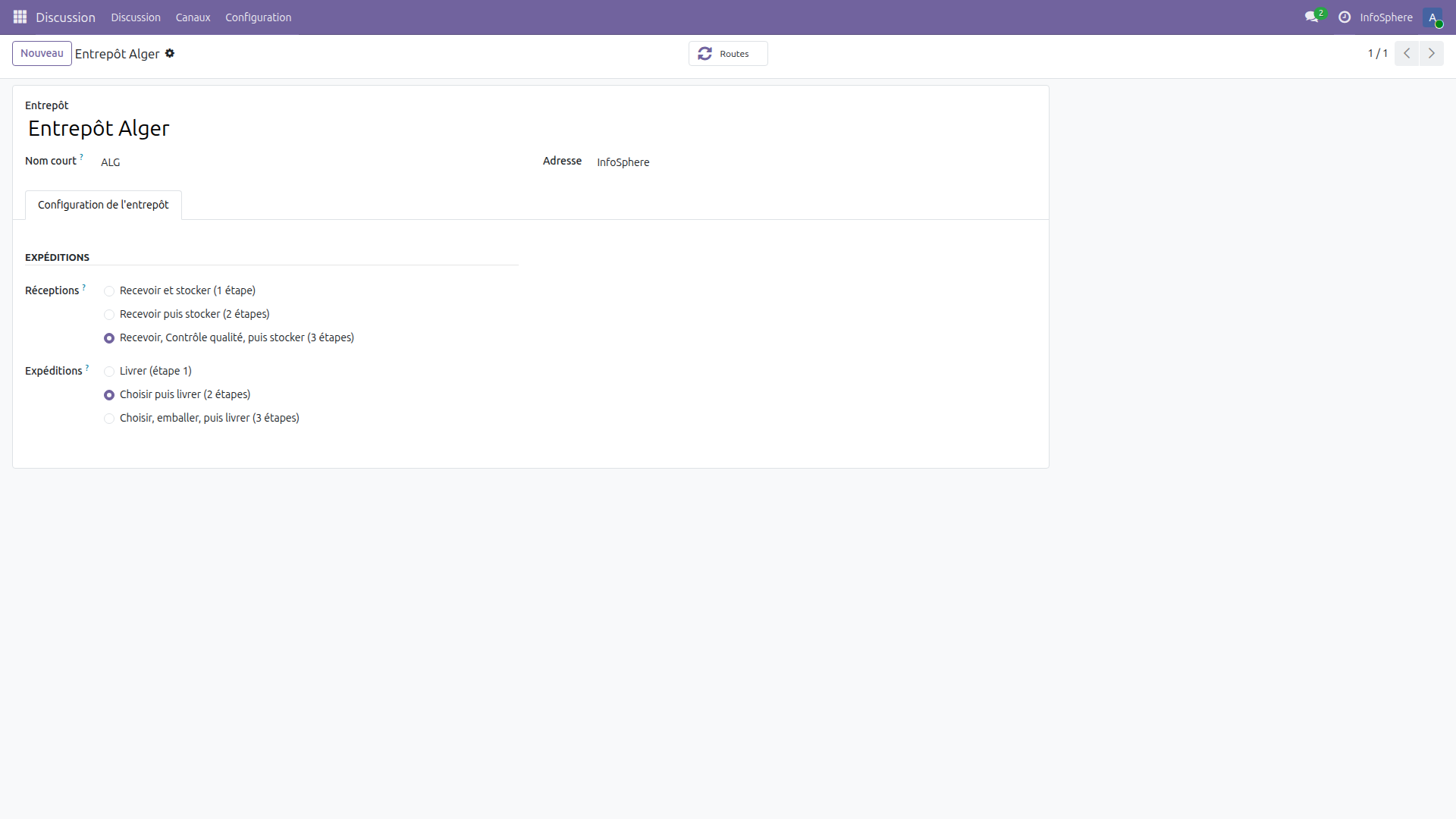 Formulaire de l'entrepôt Alger dans Odoo 19 montrant la configuration des routes : réception 3 étapes et expédition 2 étapes