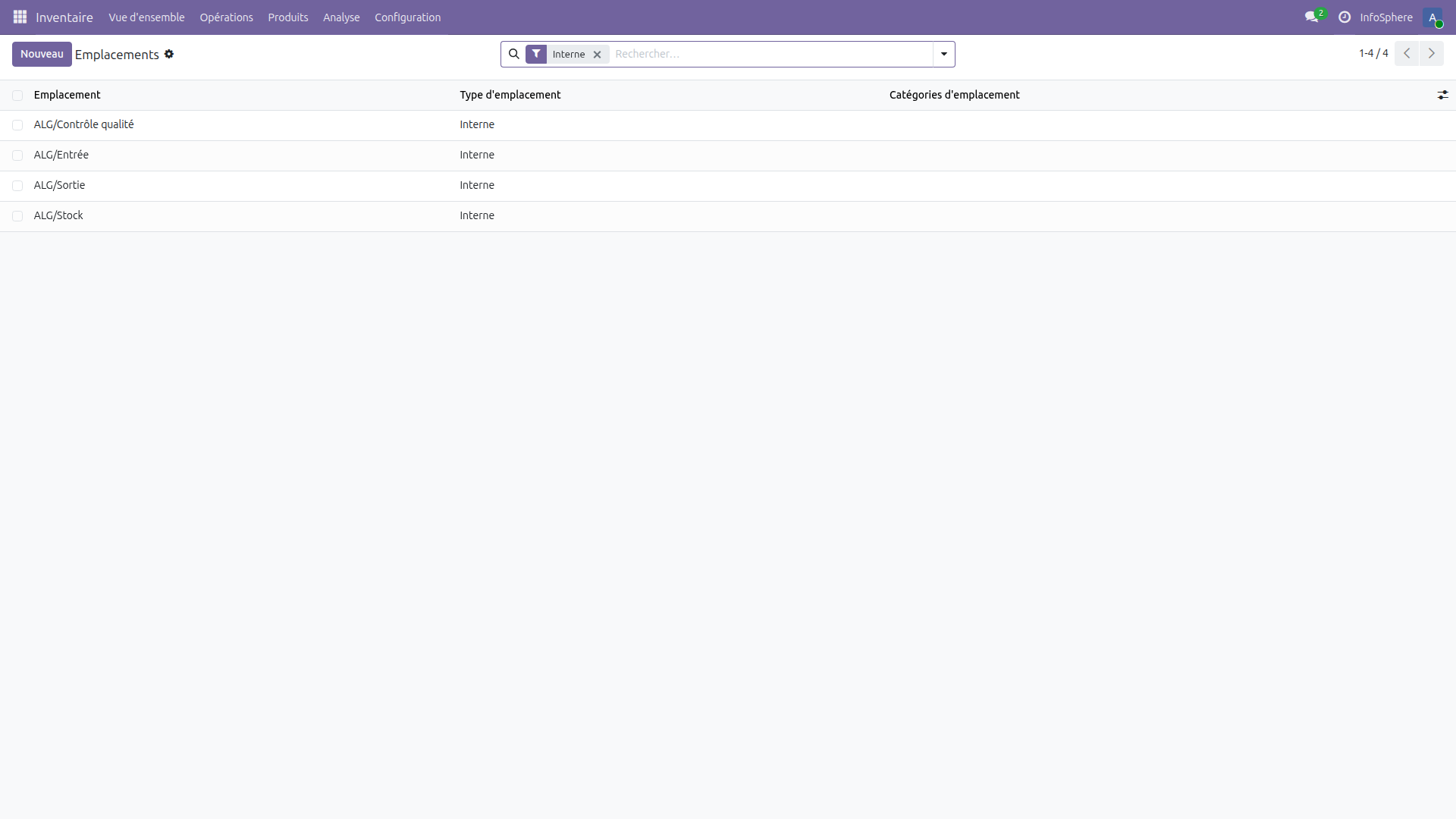 Liste des emplacements de l'entrepôt Alger dans Odoo 19 : Contrôle qualité, Entrée, Sortie, Stock