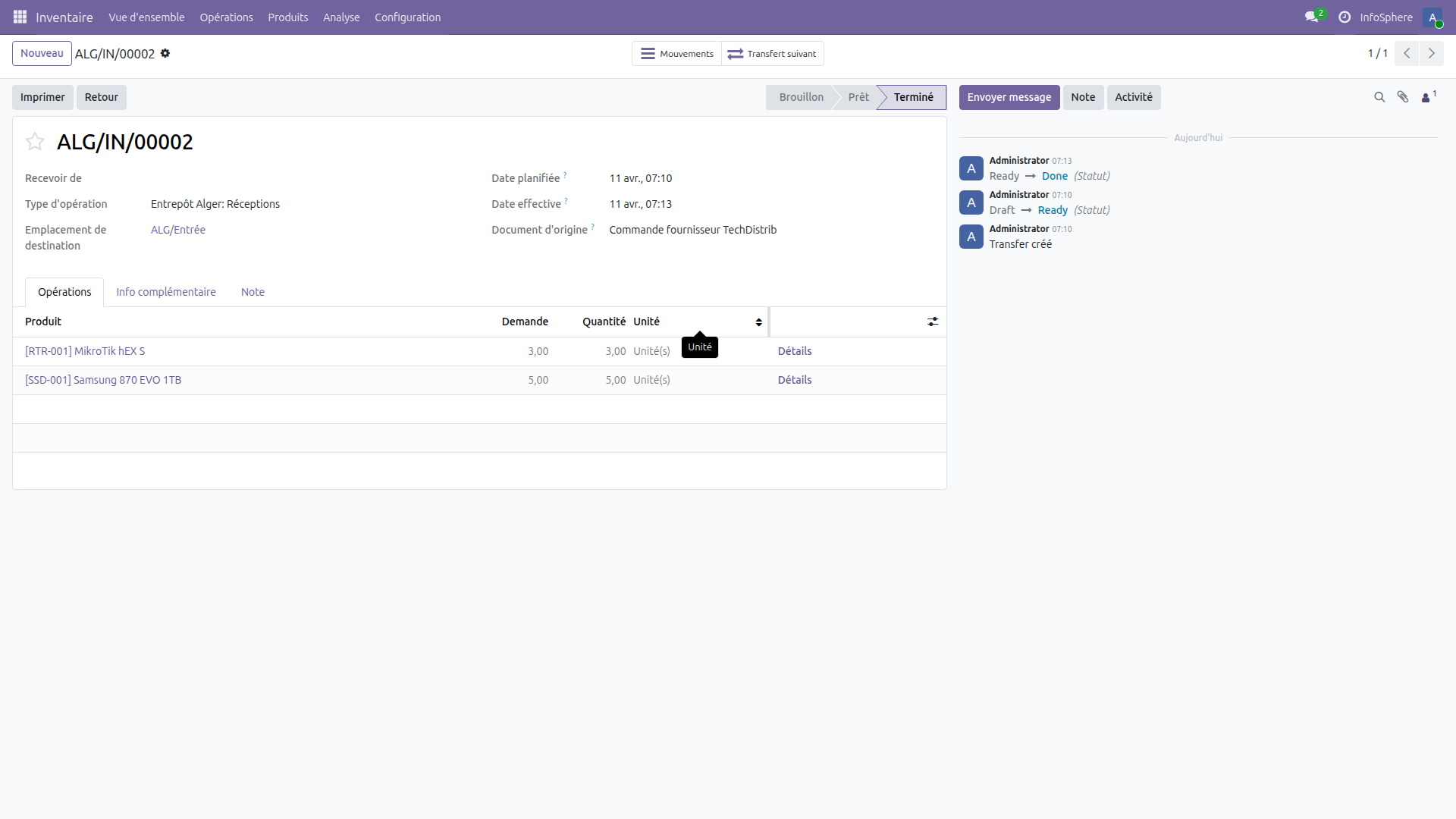 Bon de réception ALG/IN/00002 dans Odoo 19 montrant les produits reçus en zone d'entrée