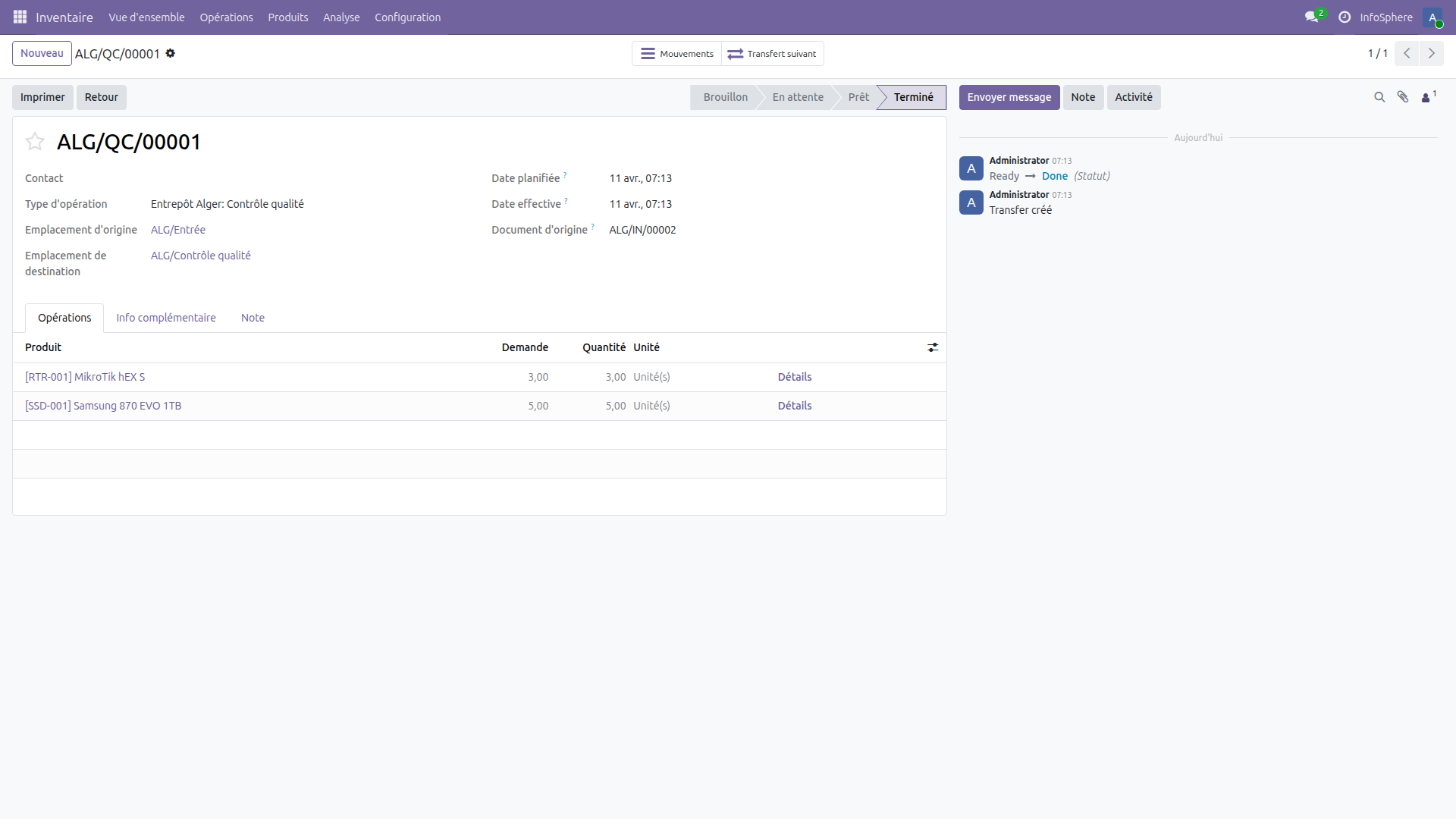 Transfert de contrôle qualité ALG/QC/00001 dans Odoo 19