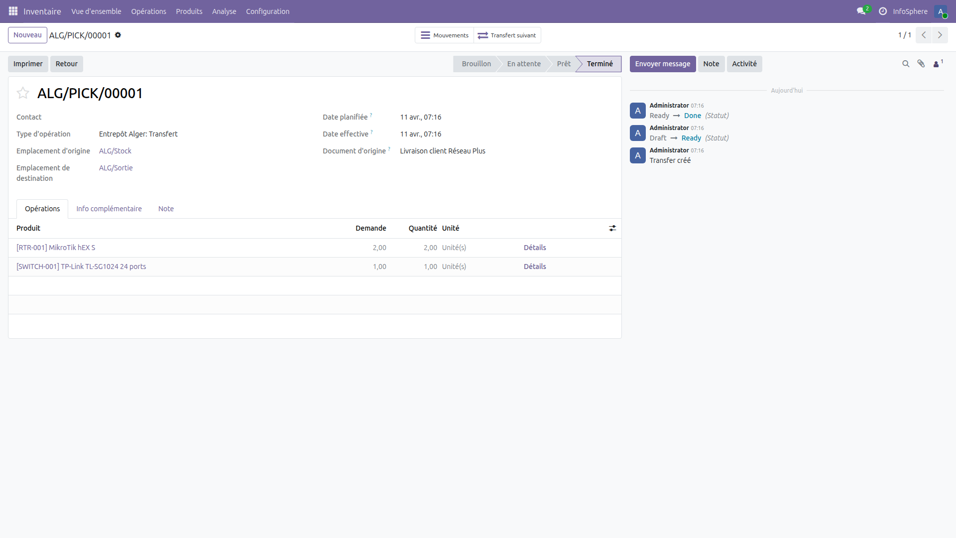 Transfert de préparation ALG/PICK/00001 dans Odoo 19 montrant le picking de stock vers sortie