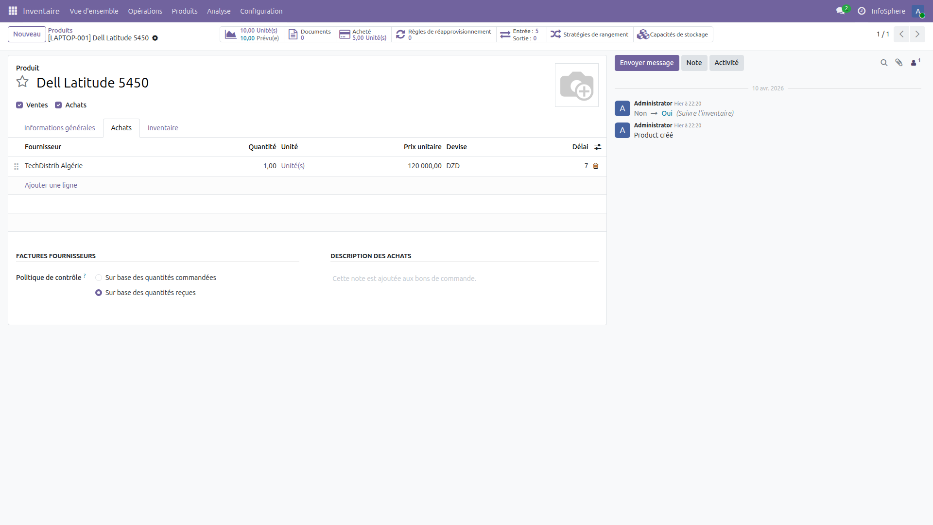 Onglet Achat d'un produit Odoo 19 montrant le fournisseur TechDistrib avec le prix en DZD