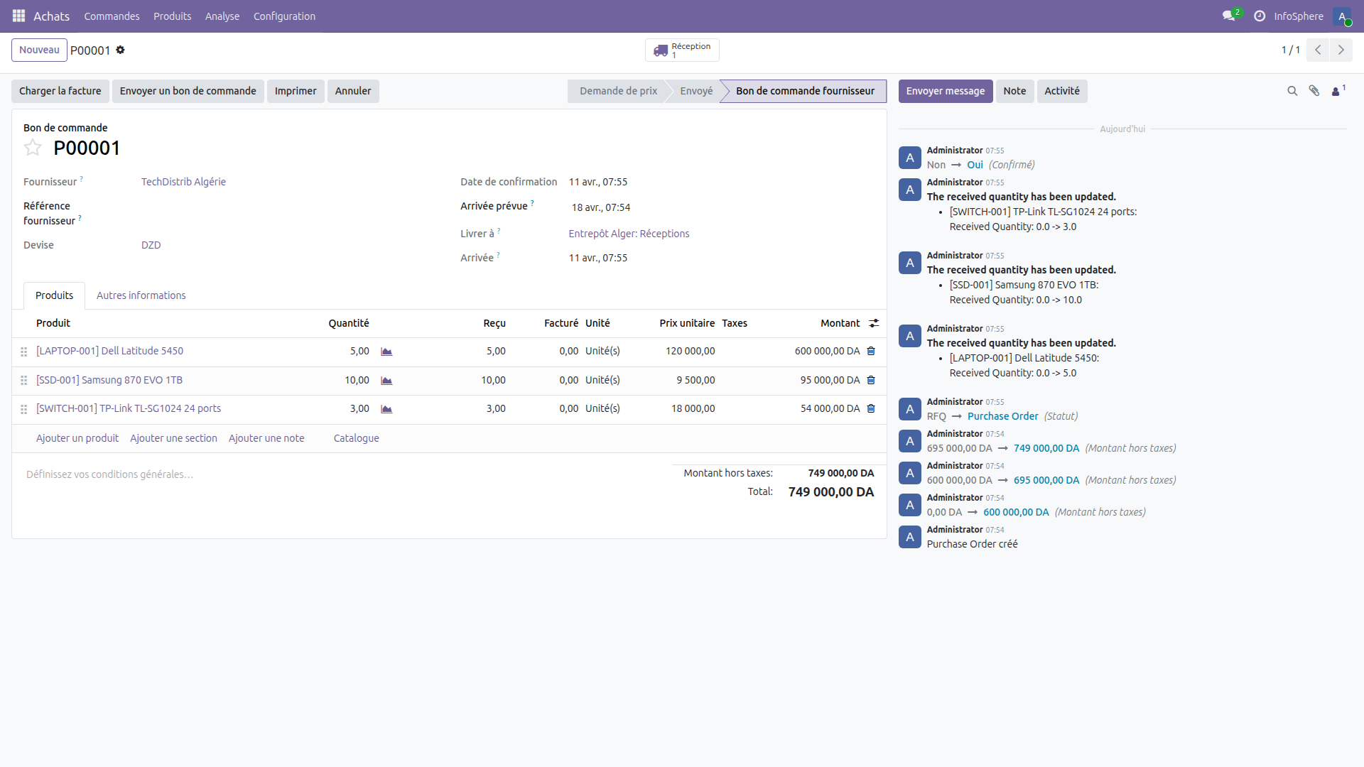 Bon de commande P00001 confirmé dans Odoo 19 avec le bouton Réception et les 3 lignes de produits
