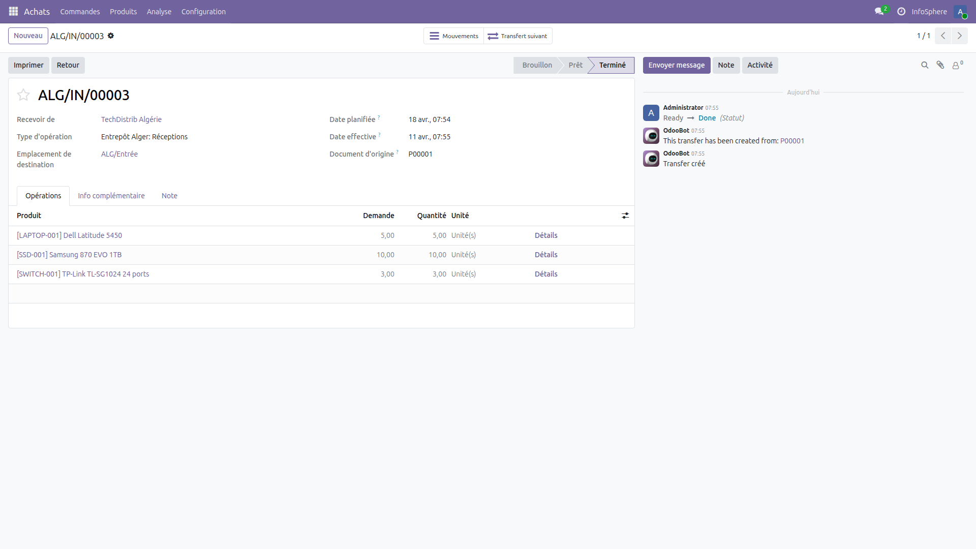 Bon de réception ALG/IN/00003 lié à P00001 dans Odoo 19