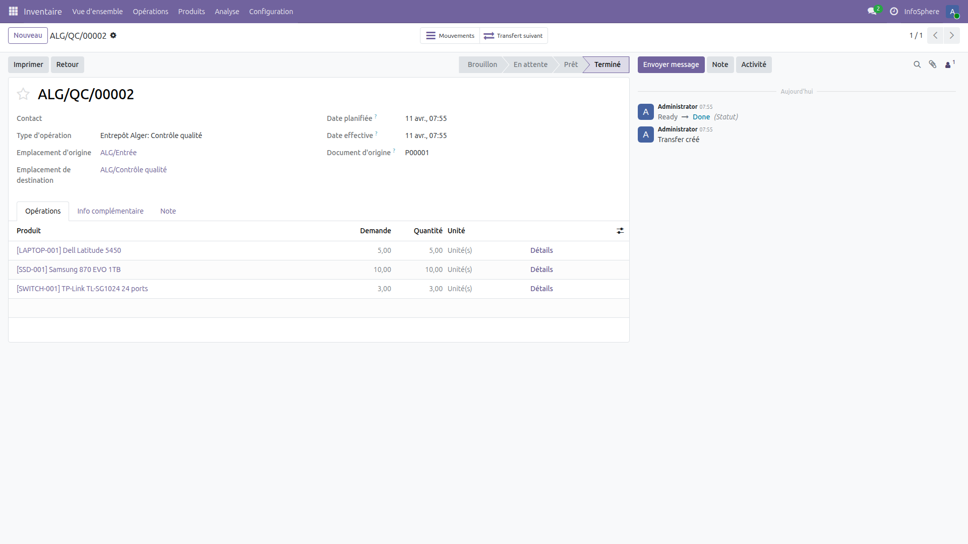 Transfert de contrôle qualité ALG/QC/00002 dans Odoo 19