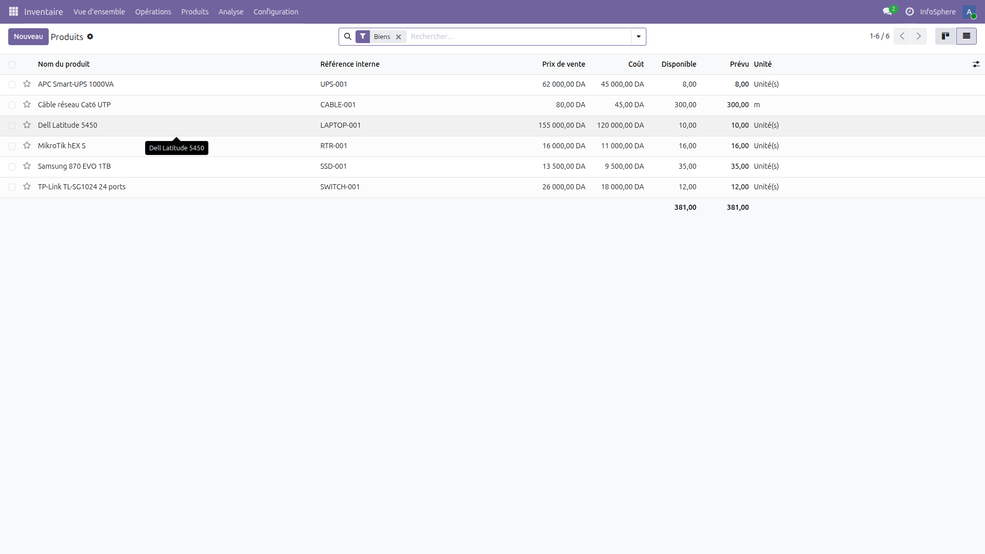 Stock en main Odoo 19 montrant les quantités mises à jour après réception
