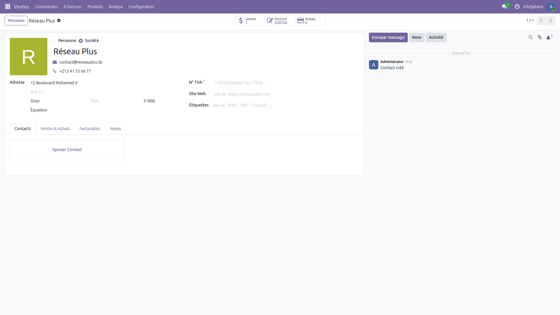 Fiche client Réseau Plus dans Odoo 19 avec l'adresse d'Oran et l'email contact