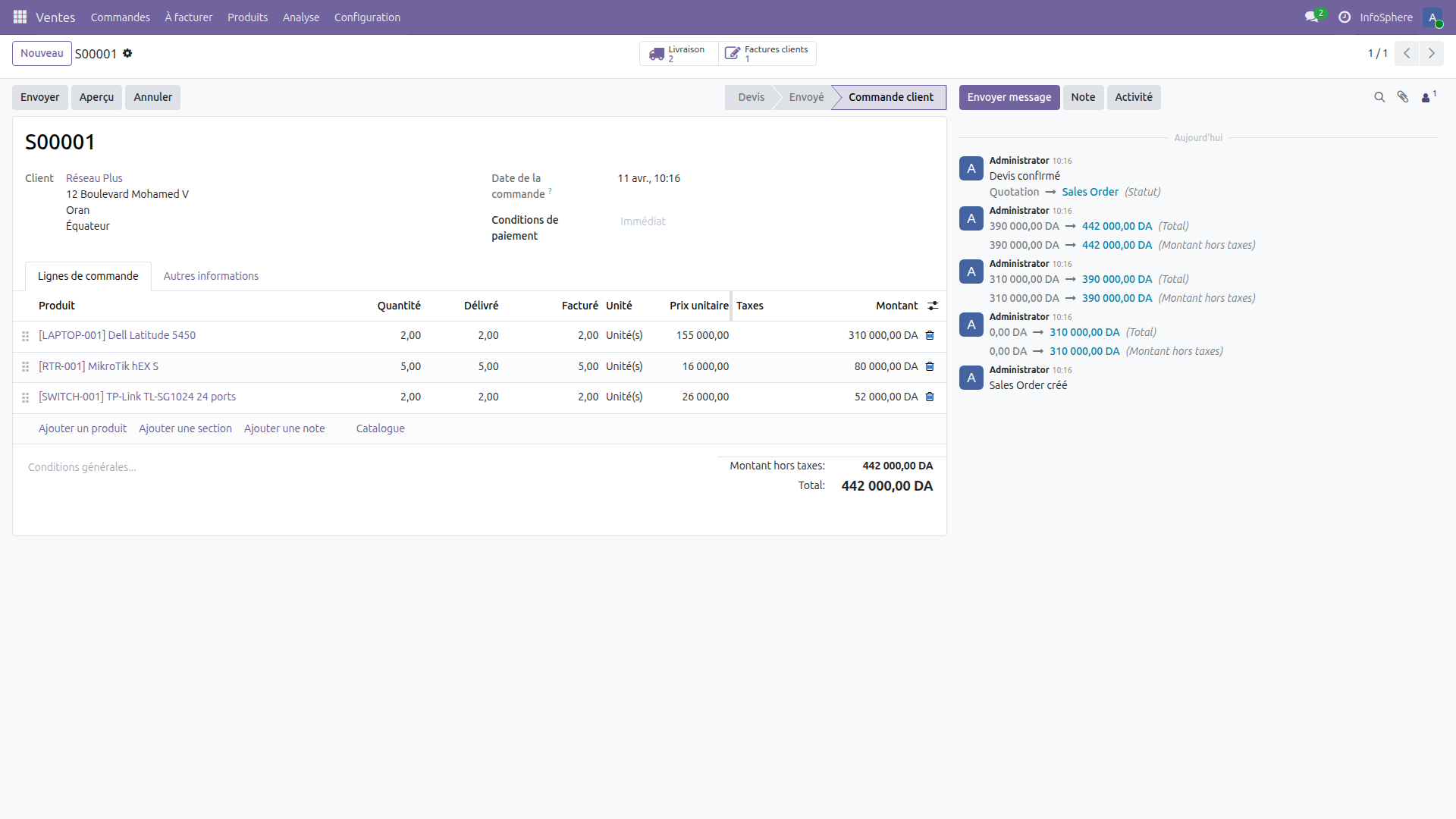 Devis S00001 dans Odoo 19 avec les 3 lignes de produits et le total de 442 000 DZD
