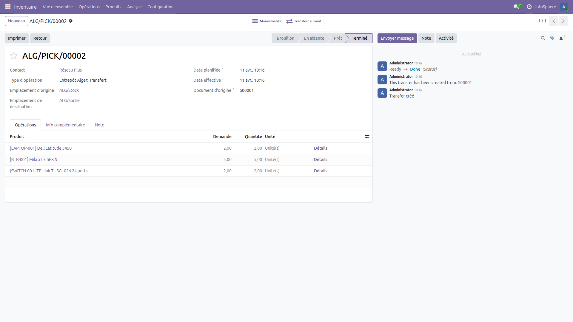 Bon de préparation ALG/PICK/00002 dans Odoo 19 lié à S00001