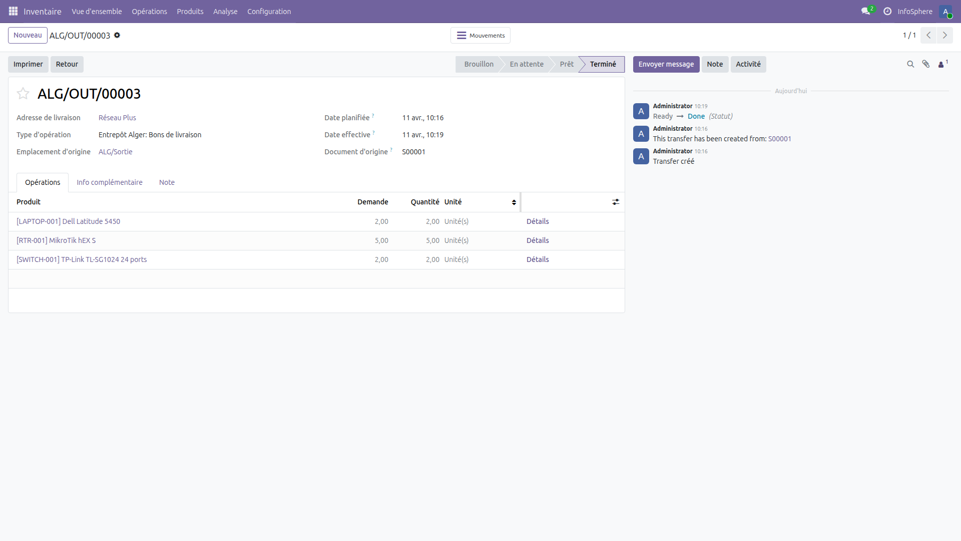 Bon d'expédition ALG/OUT/00003 dans Odoo 19 avec les produits destinés à Réseau Plus