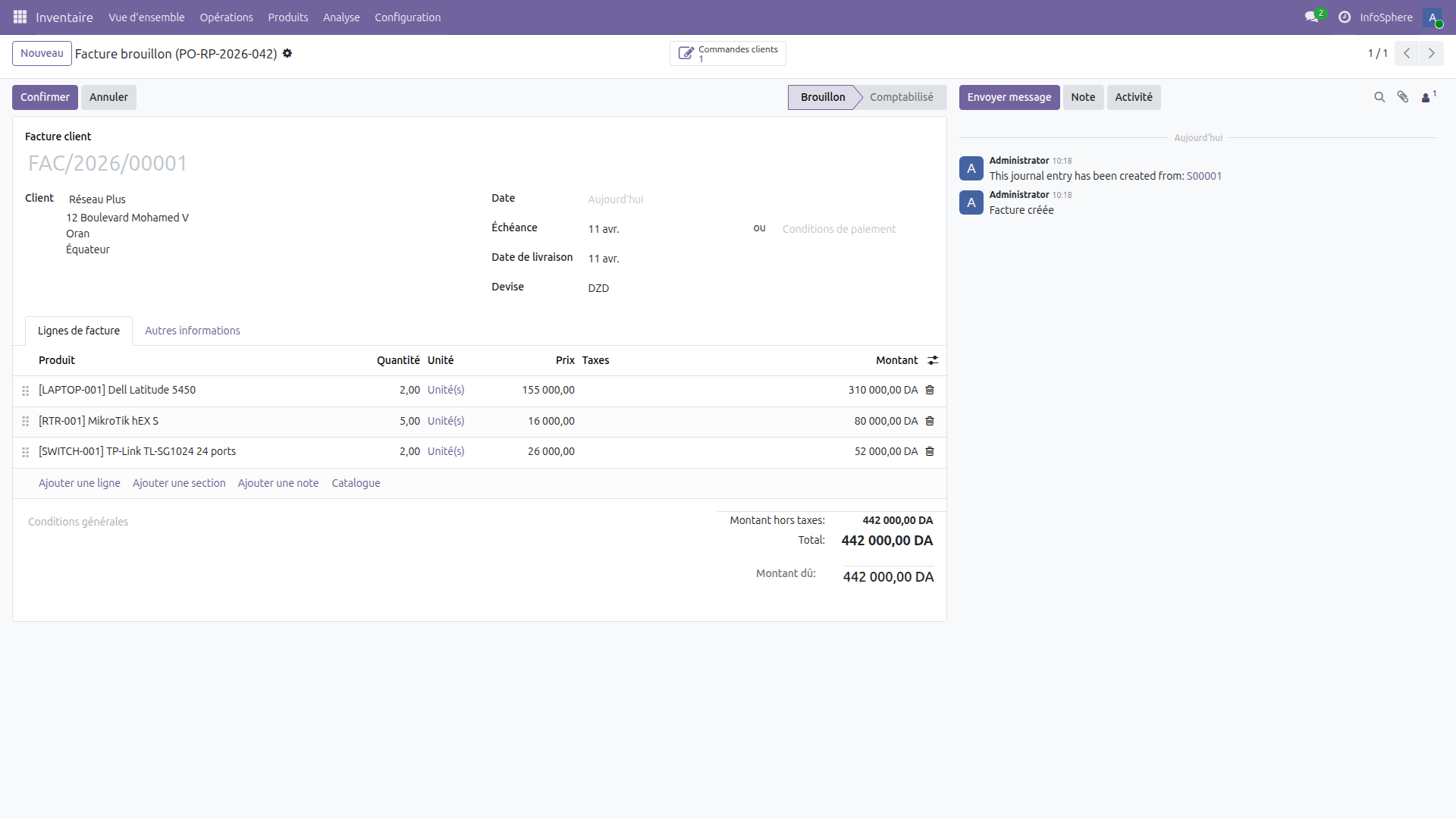 Facture brouillon dans Odoo 19 pour Réseau Plus — 442 000 DZD