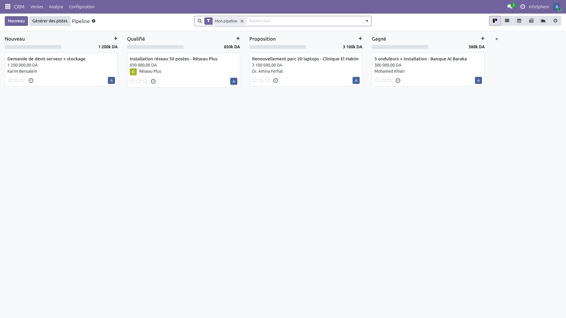 Vue pipeline kanban CRM Odoo 19 — 4 opportunités InfoSphere réparties en 4 étapes