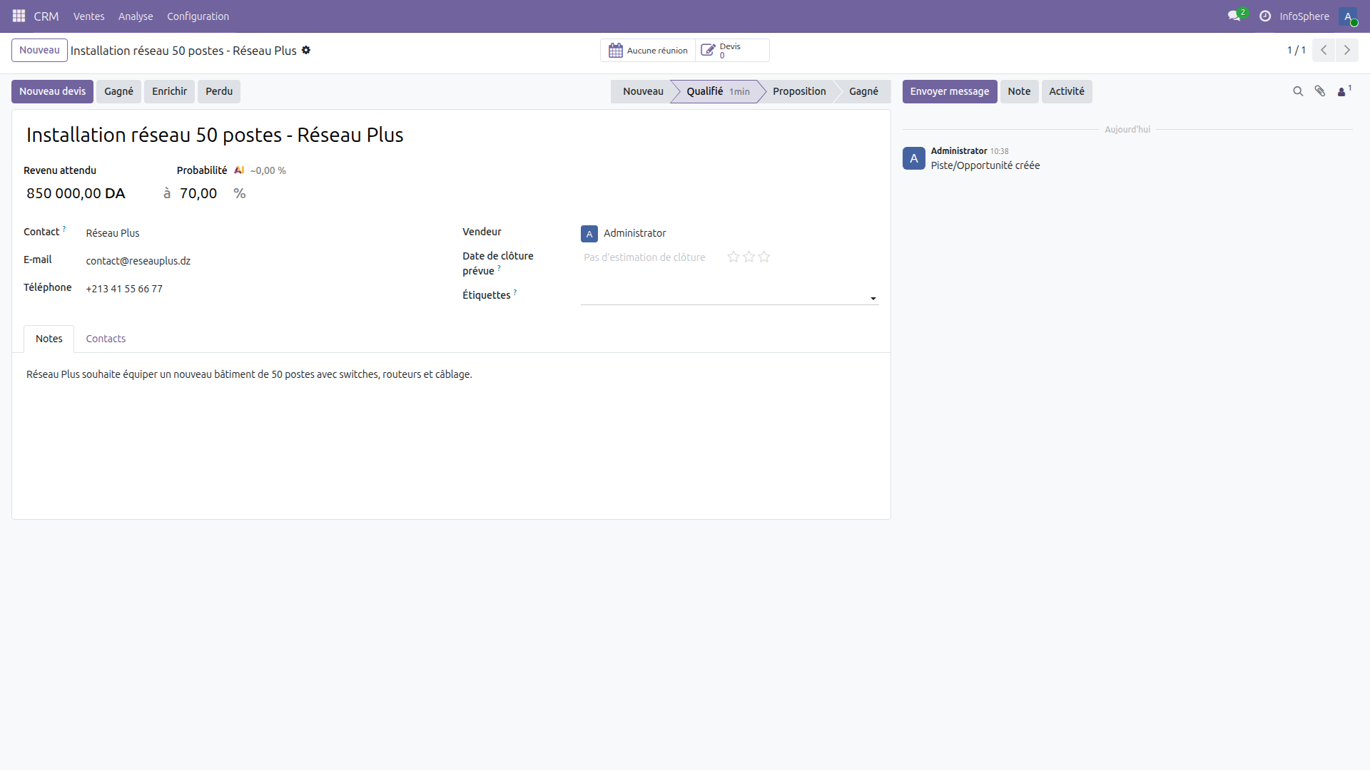 Formulaire opportunité Réseau Plus dans Odoo 19 CRM — installation réseau 50 postes, 850 000 DZD