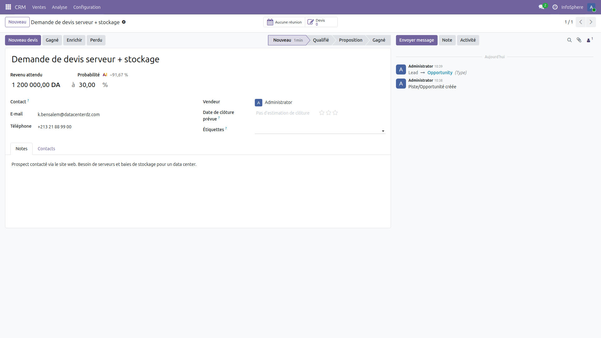 Formulaire lead DataCenter DZ dans Odoo 19 CRM — demande de devis serveur et stockage