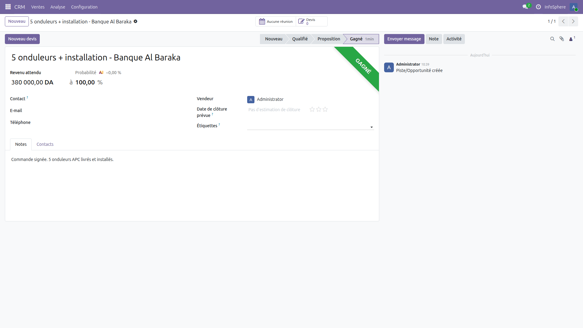 Opportunité gagnée Banque Al Baraka dans Odoo 19 CRM — 380 000 DZD, Mohamed Khiari