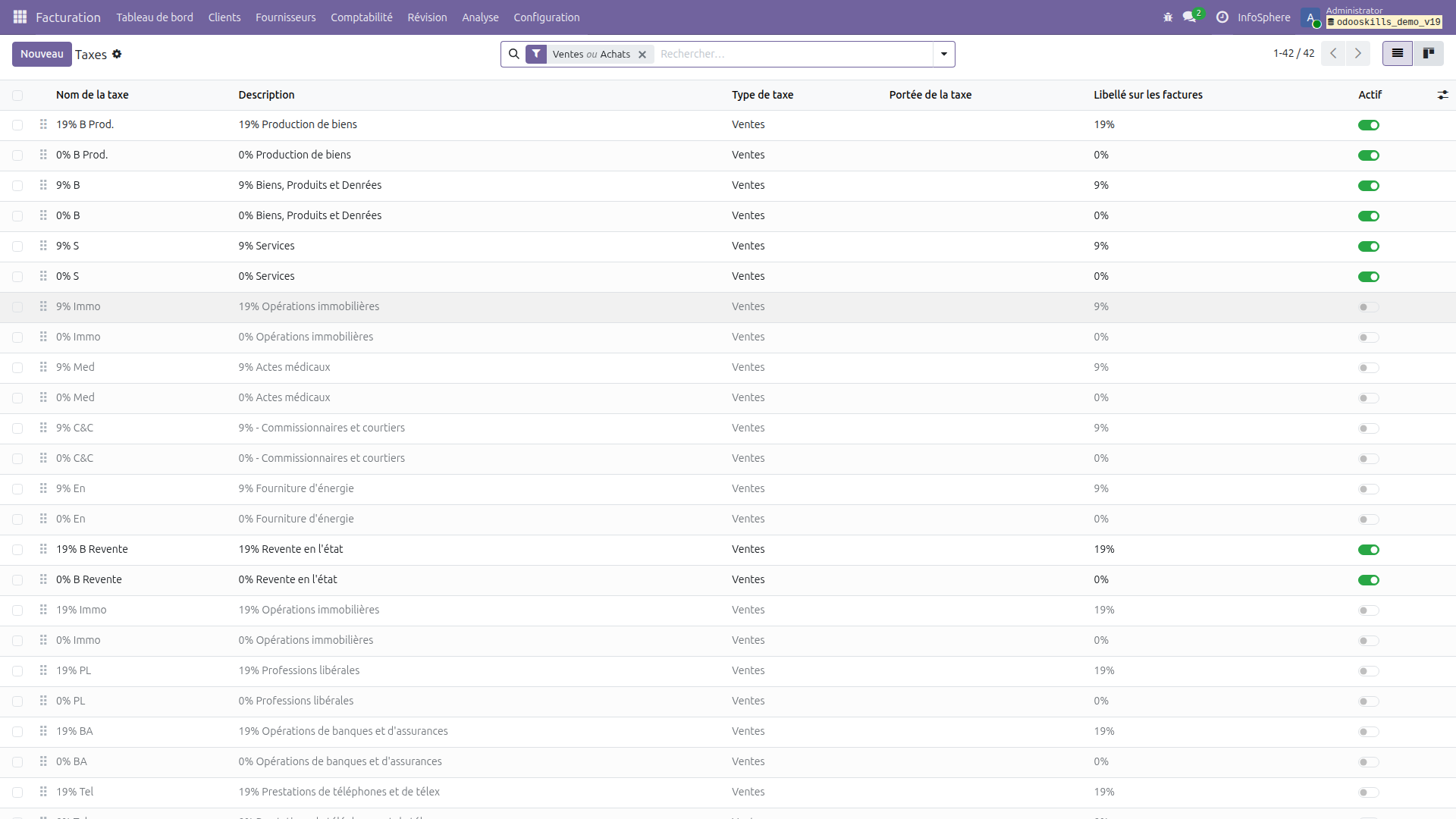 Liste des taxes TVA dans Odoo 19 — l10n_dz, 16 taxes