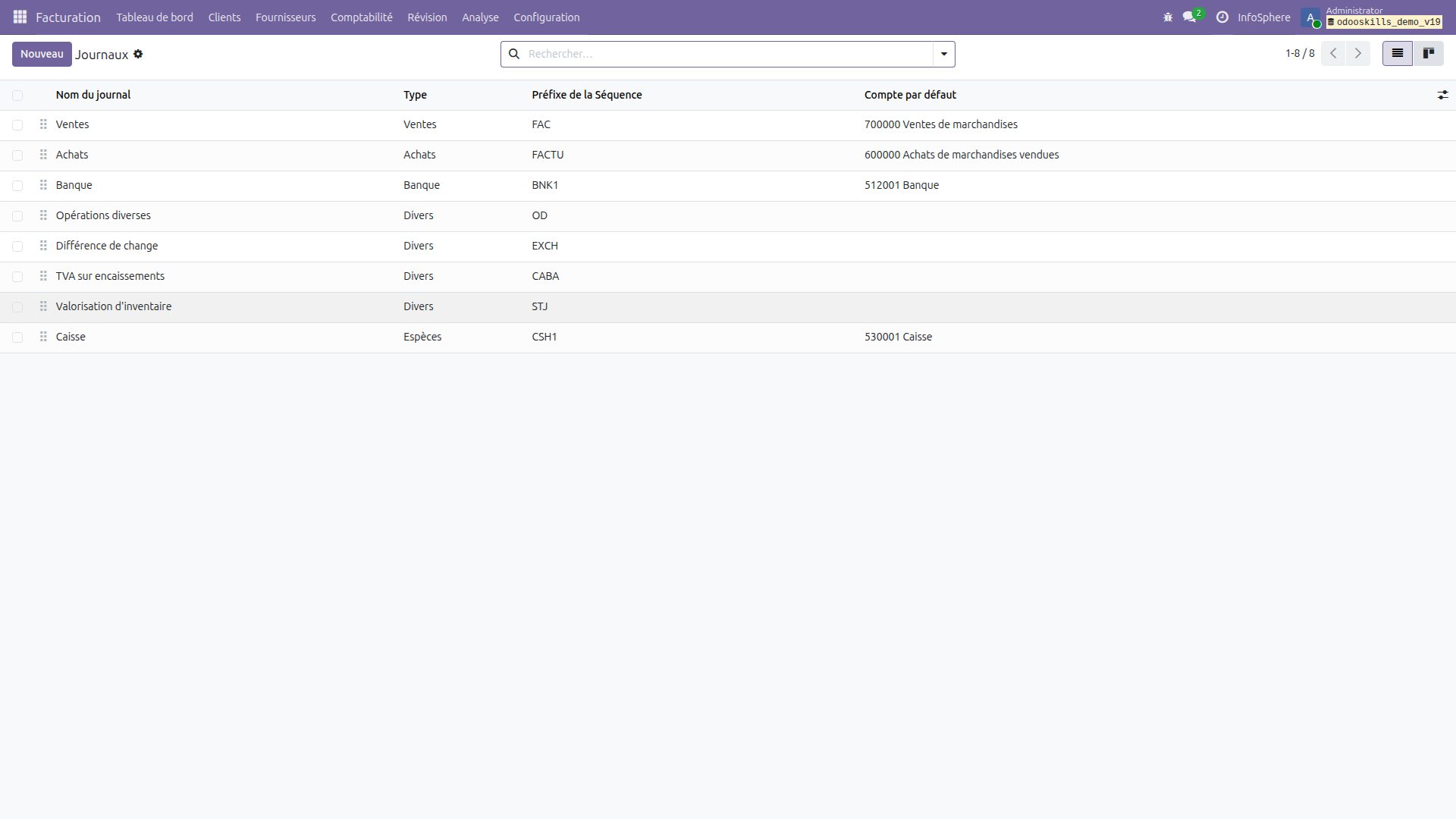 Détail du journal Factures clients FAC dans Odoo 19