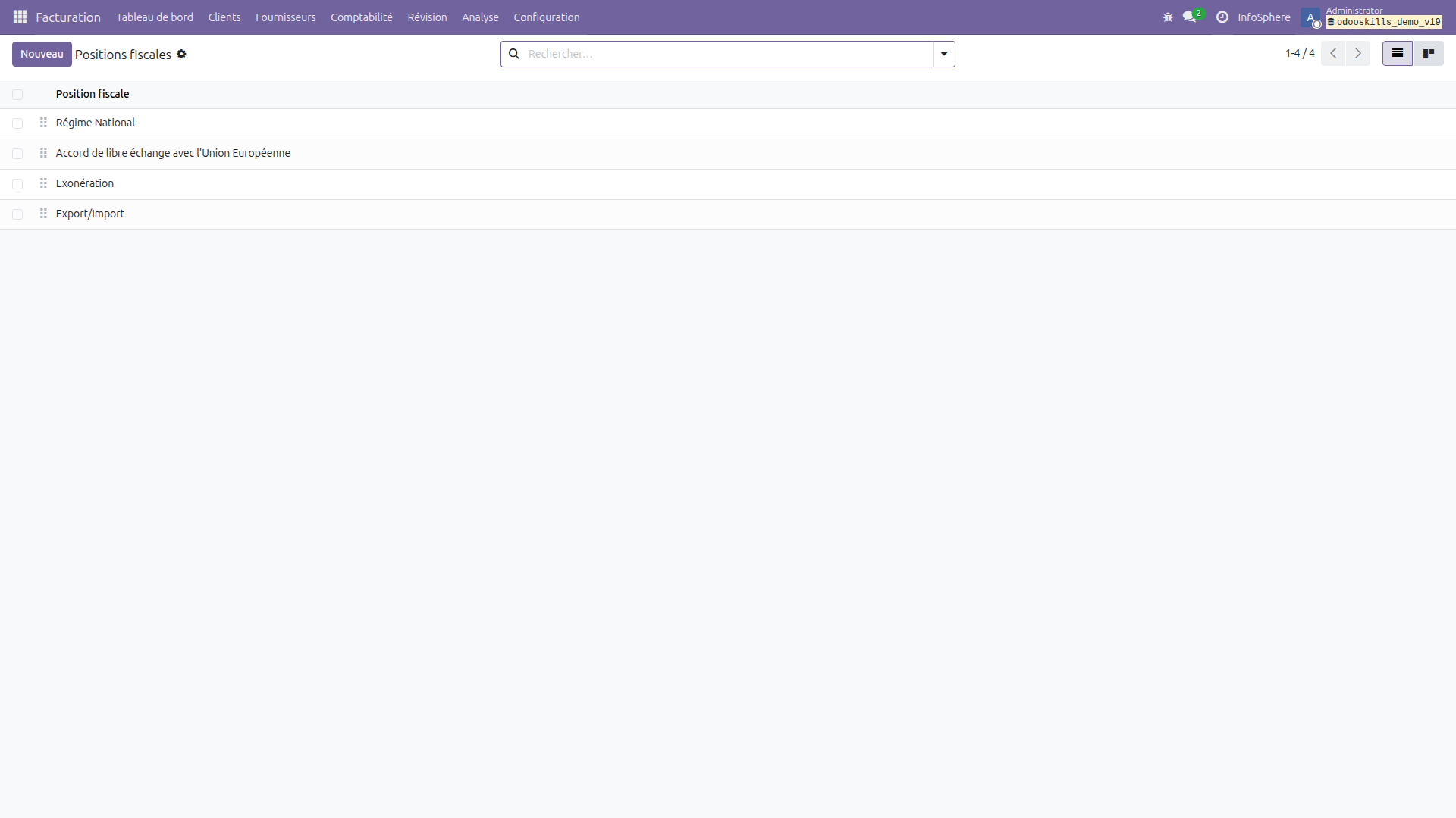Positions fiscales Odoo 19 — 4 positions pour InfoSphere
