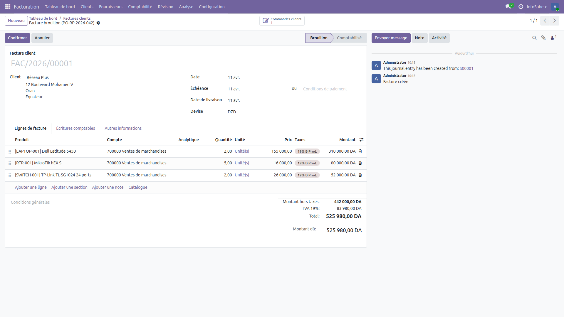 Facture brouillon dans Odoo 19 avec TVA 19%