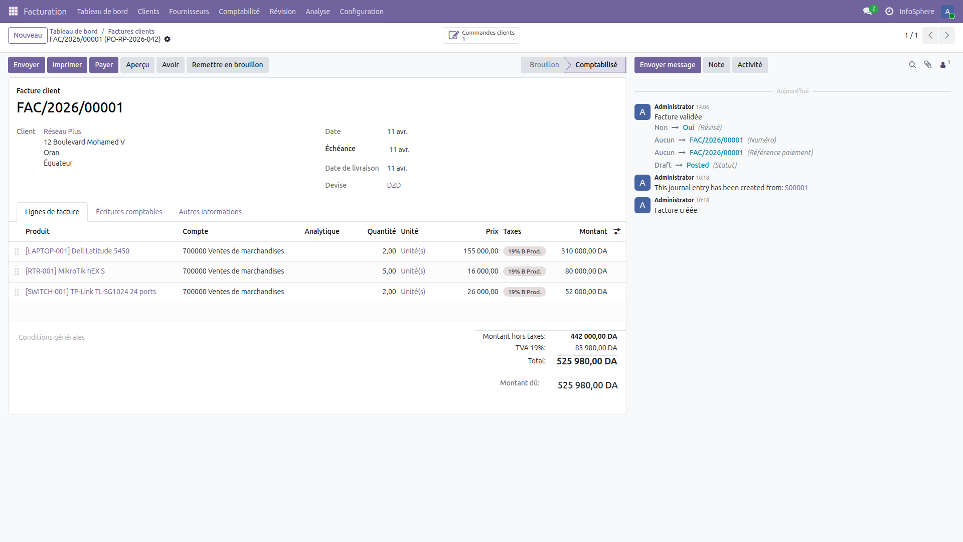 Facture validée FAC/2026/00001 dans Odoo 19