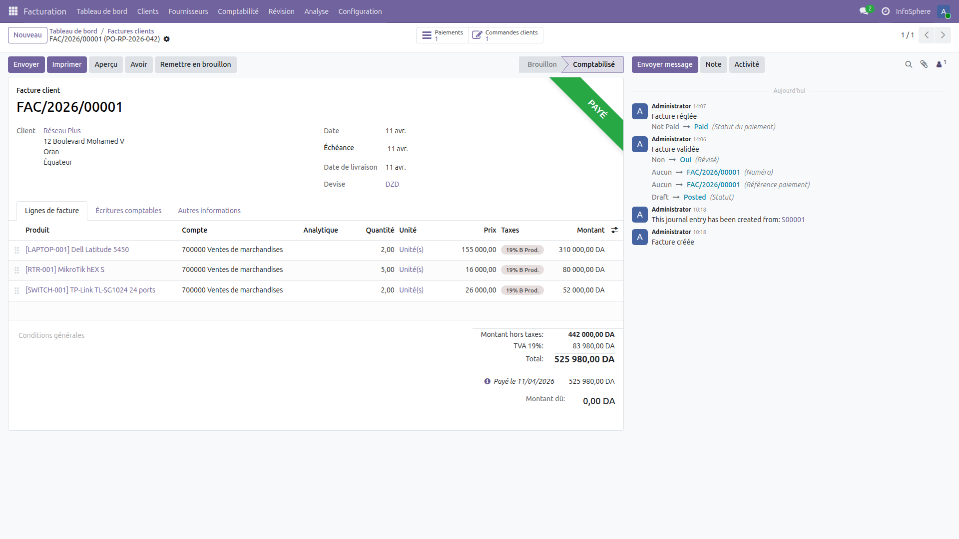 Facture payée dans Odoo 19 avec bandeau Payé