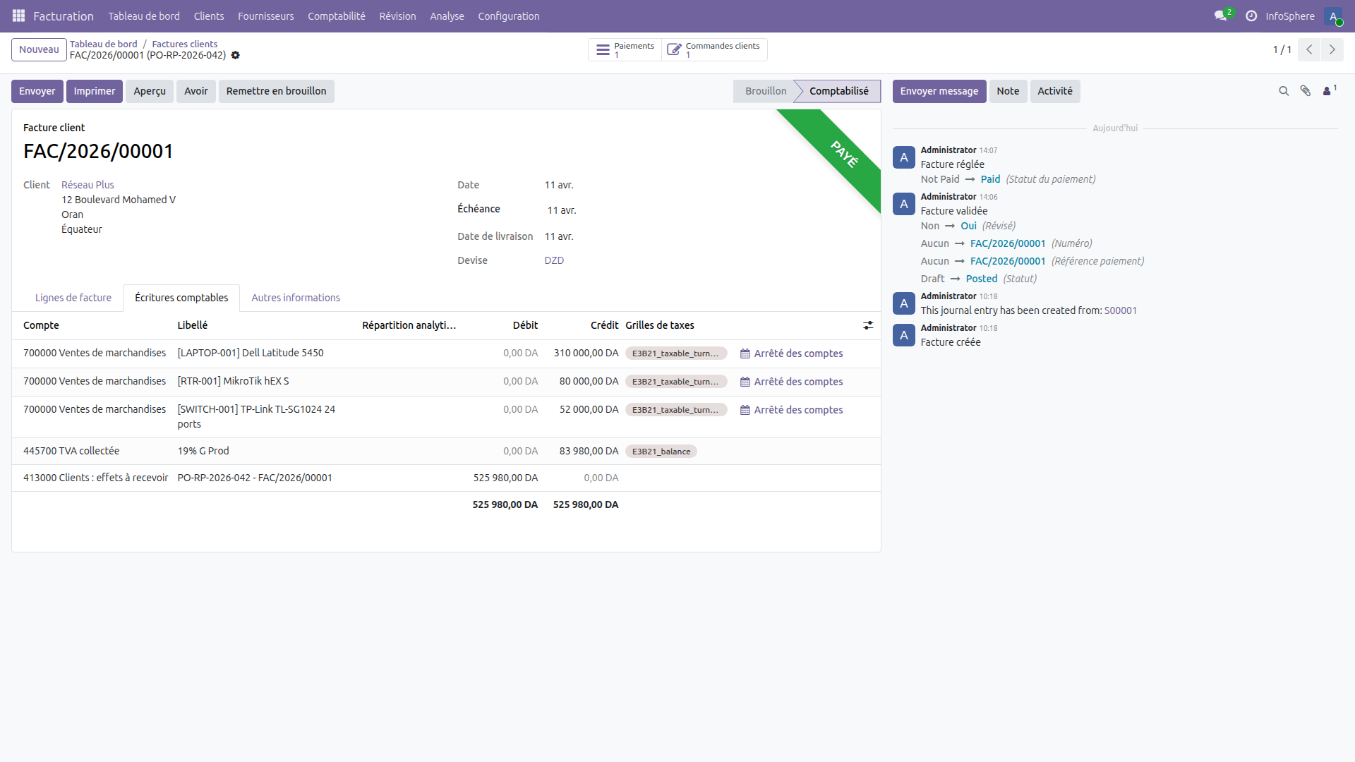 Écritures comptables de la facture FAC/2026/00001