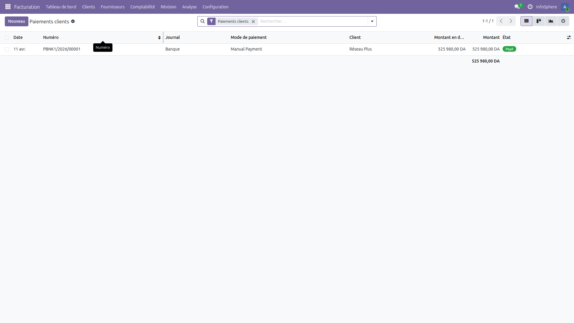 Liste des paiements clients dans Odoo 19