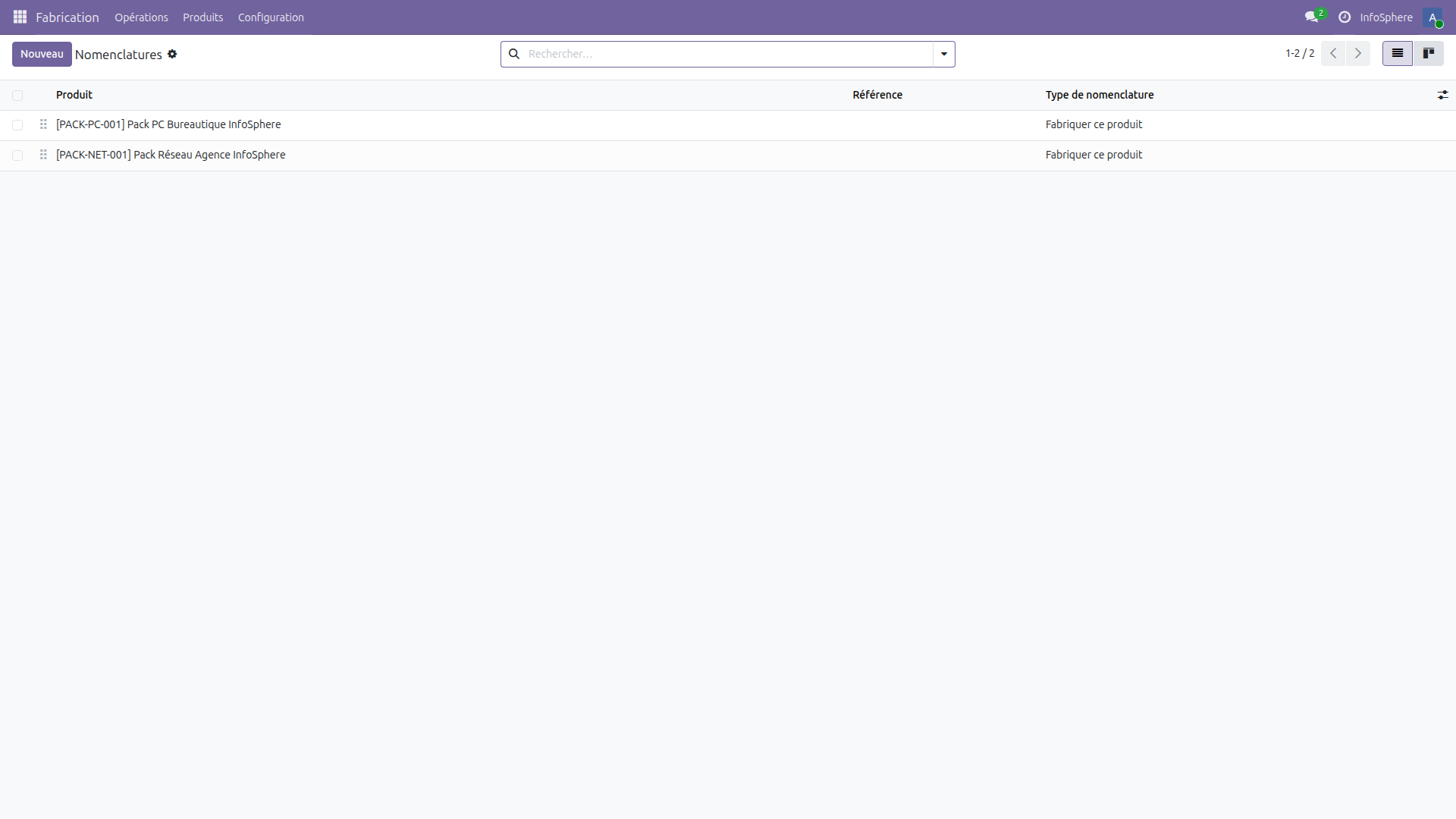 Liste des nomenclatures dans Odoo 19