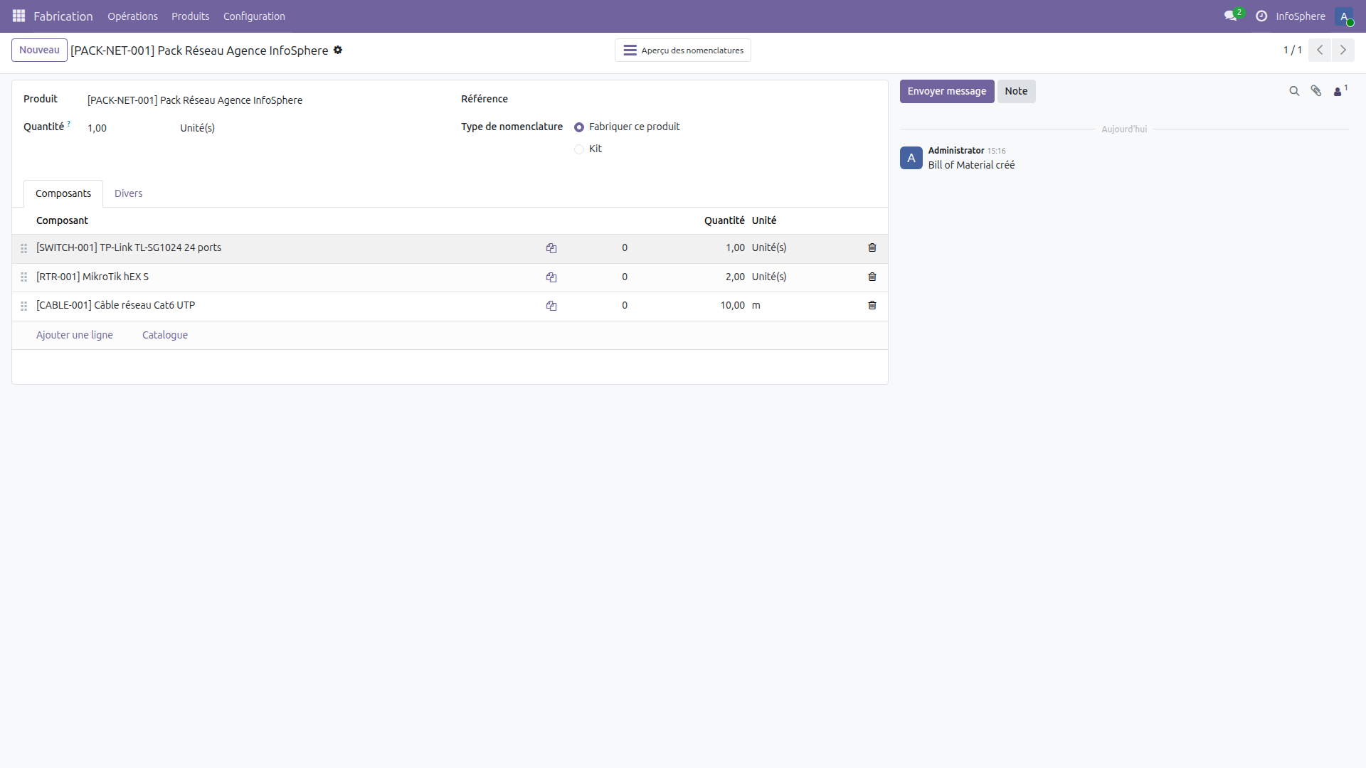 Formulaire nomenclature Pack Réseau Agence dans Odoo 19