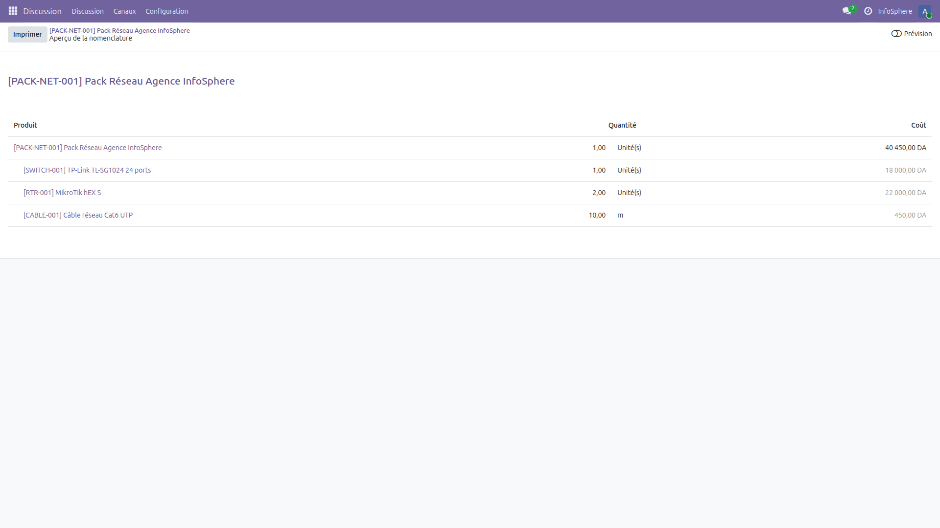 Aperçu de la nomenclature Pack Réseau avec coûts