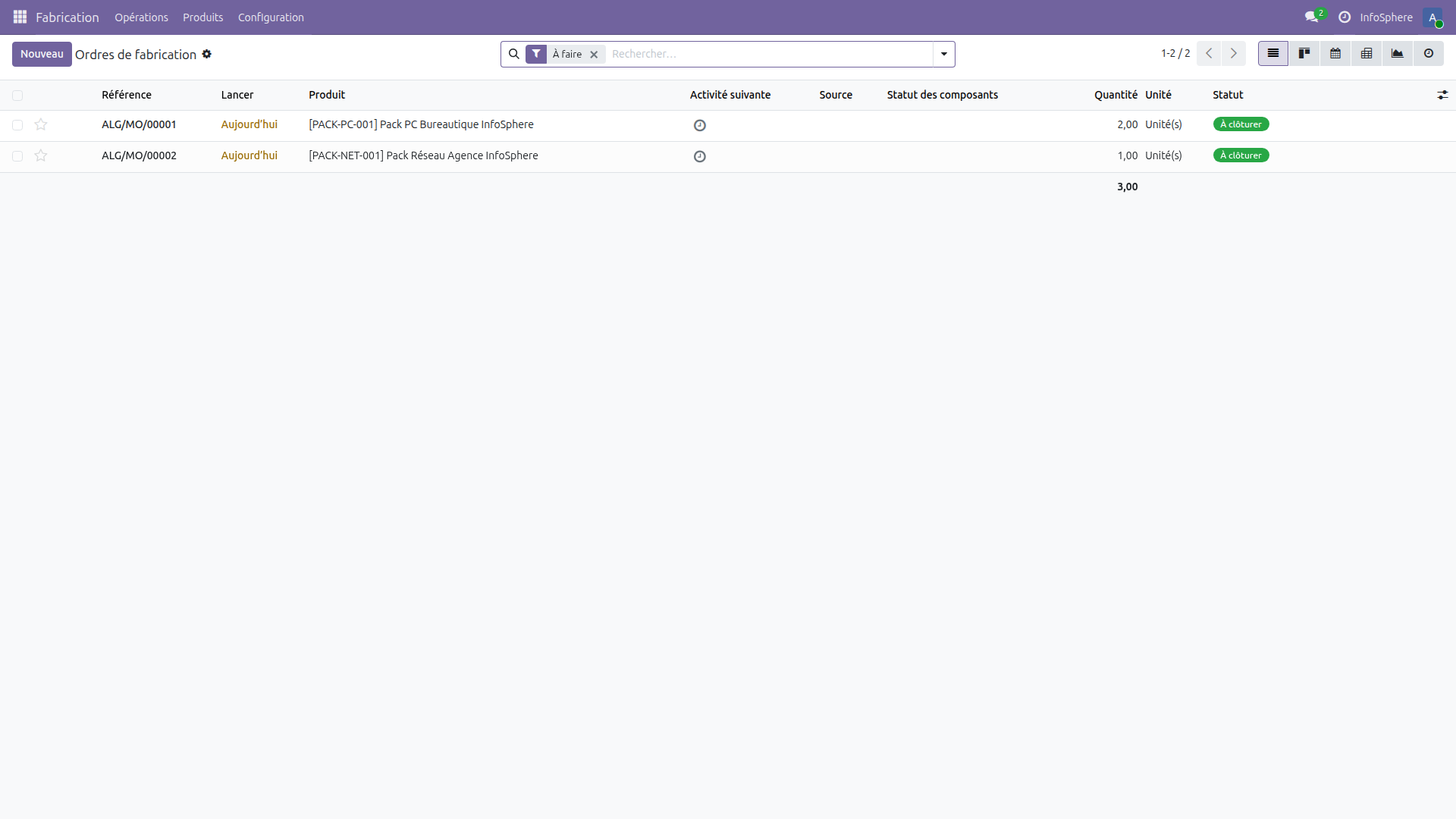 Liste des ordres de fabrication dans Odoo 19