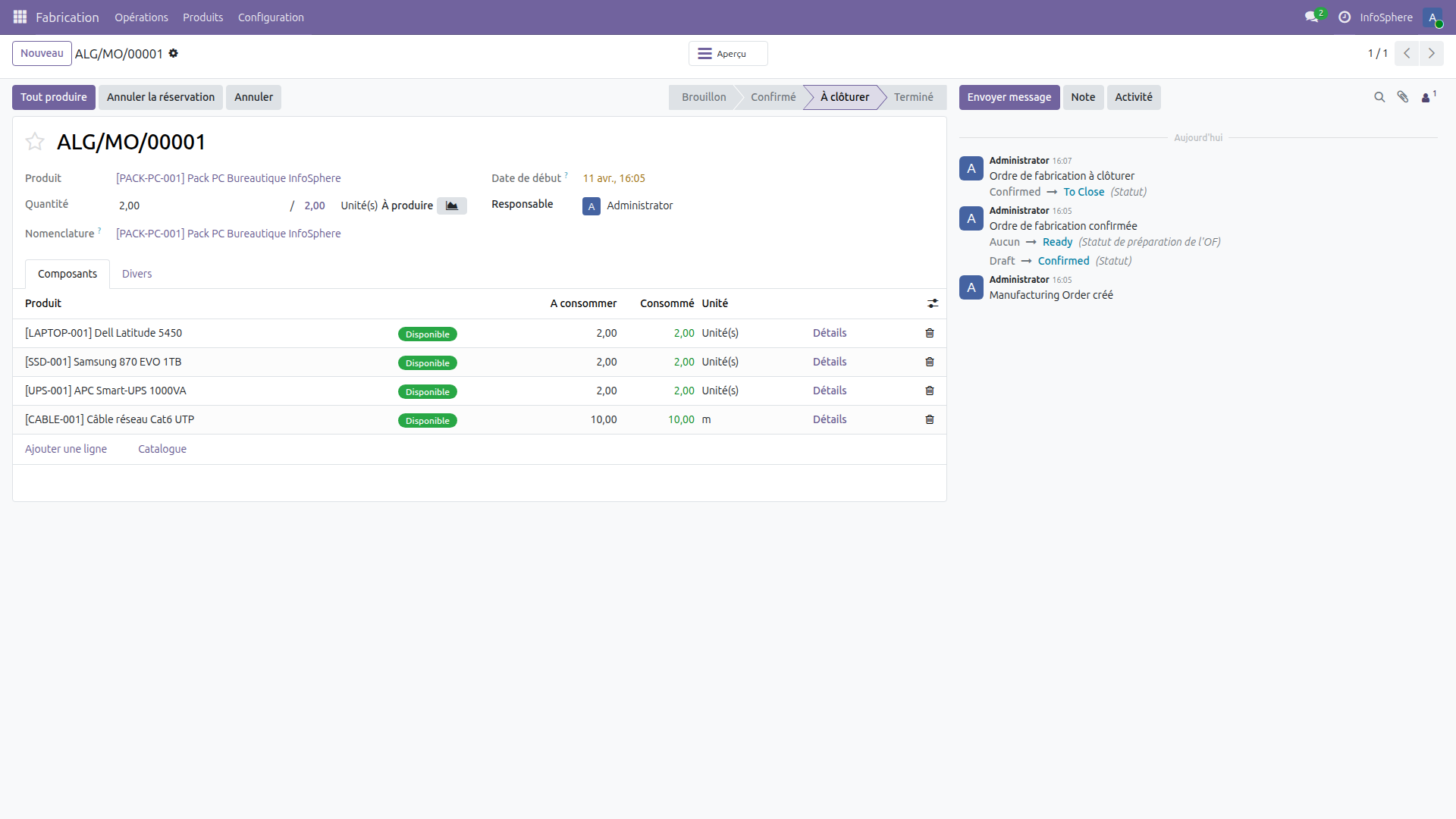 Détail des composants à consommer dans l'OF
