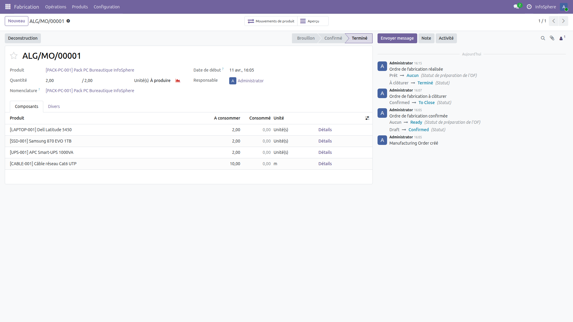 Ordre de fabrication terminé dans Odoo 19