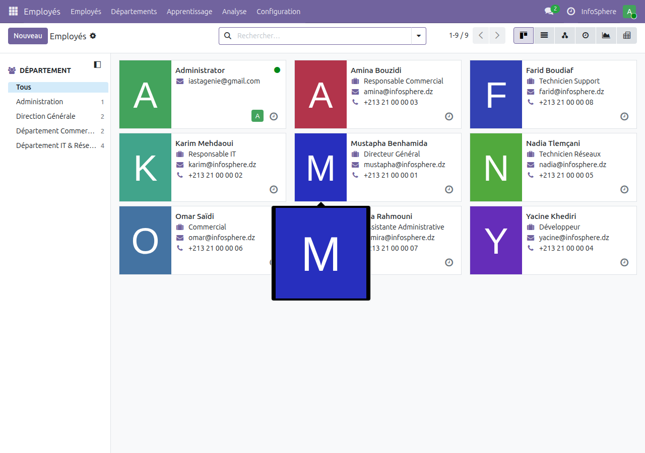 Vue kanban des 8 employés InfoSphere dans Odoo 19