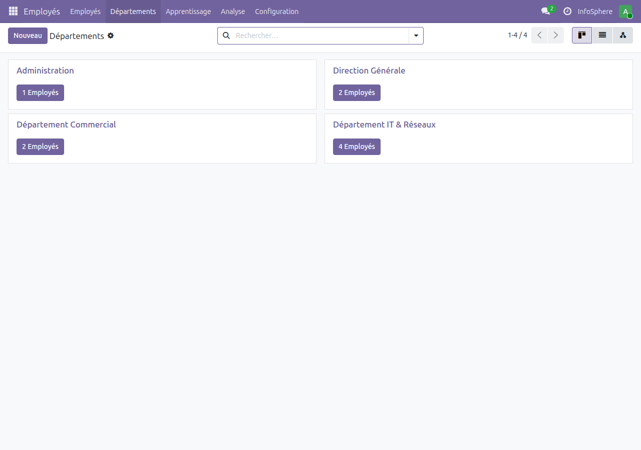 Vue kanban des 4 départements InfoSphere dans Odoo 19