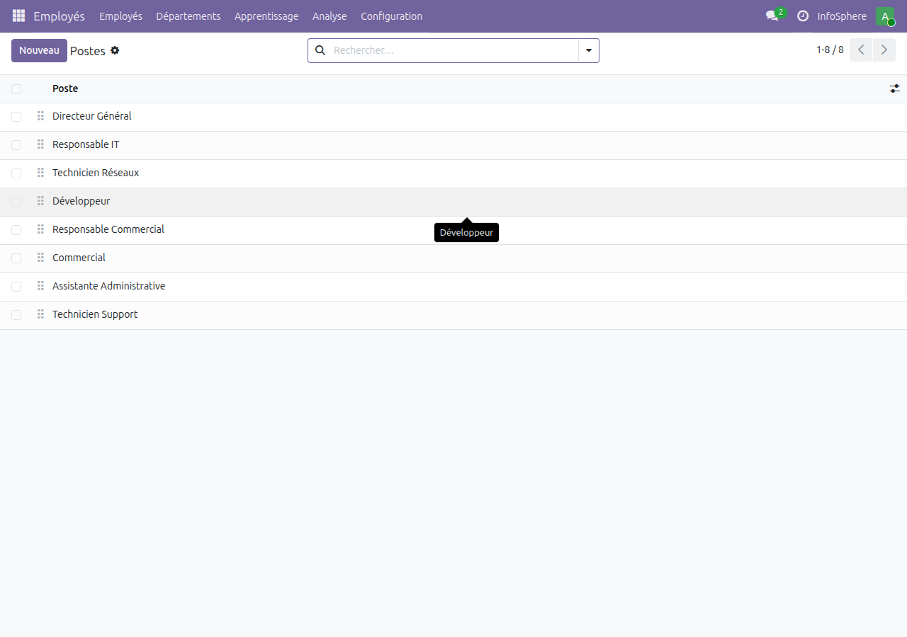 Liste des 8 postes de travail InfoSphere dans Odoo 19