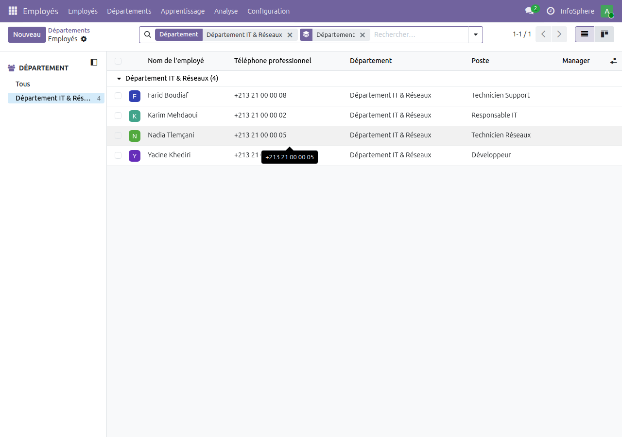 Liste des employés du département IT & Réseaux dans Odoo 19
