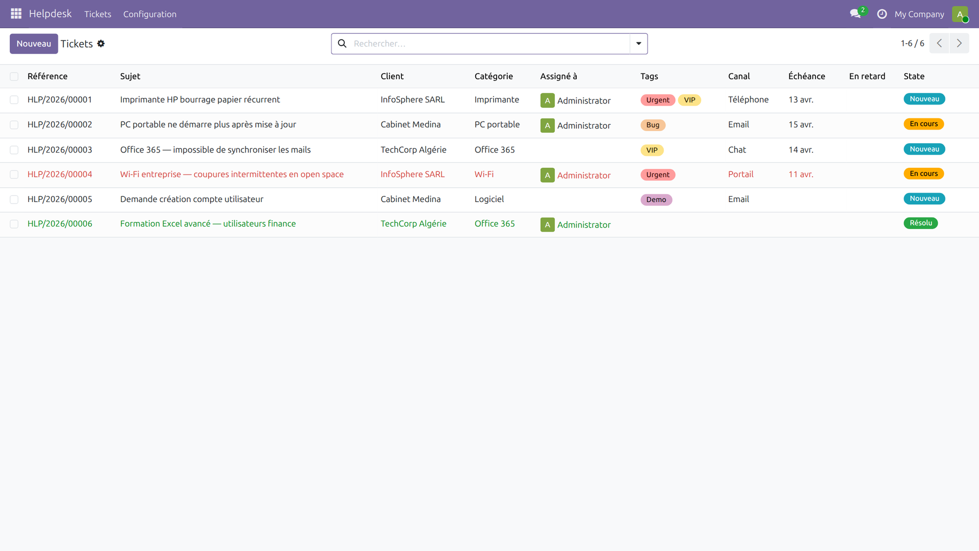Vue liste des tickets avec références, tags et badges d'état