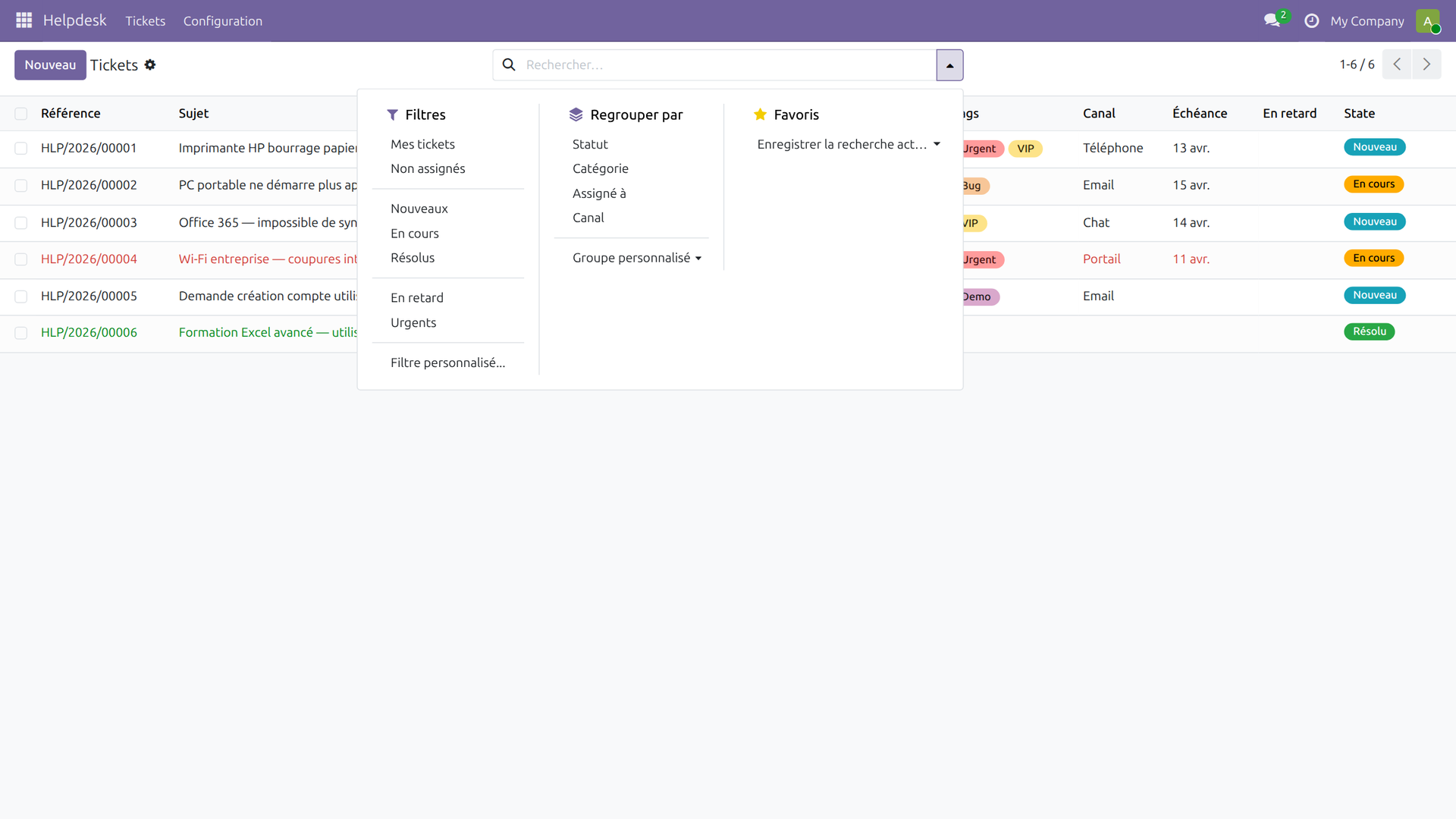 Dropdown de recherche avec filtres Mes tickets, Nouveaux, En retard et regroupements