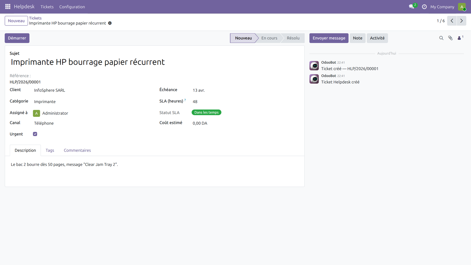 Vue formulaire du ticket helpdesk avec statusbar, notebook et chatter