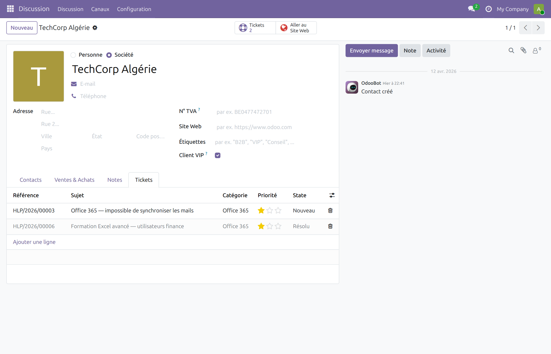 Fiche res.partner avec onglet Tickets et bouton statistique ajoutés par héritage