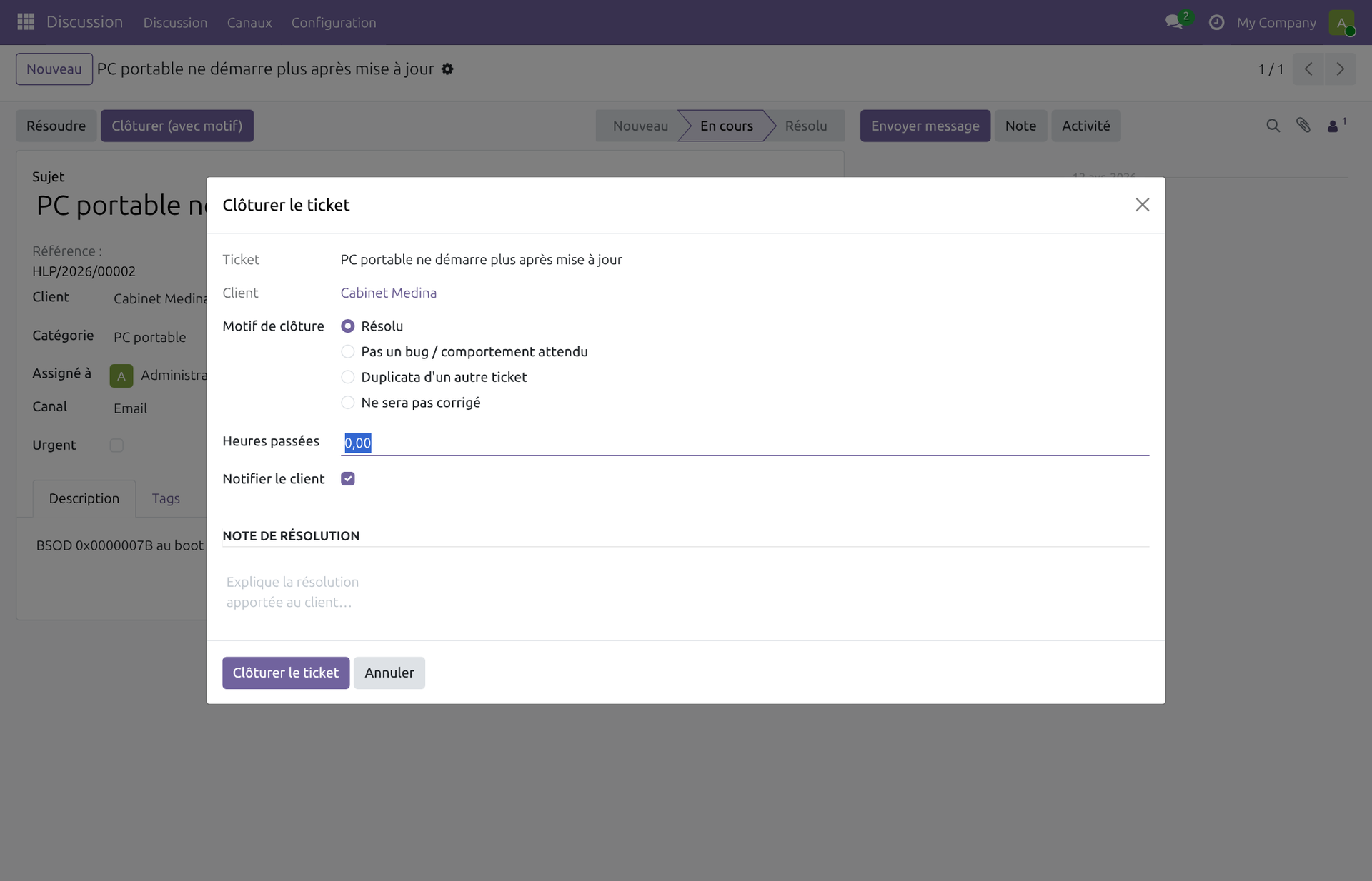 Wizard de clôture de ticket en modal avec motif, note et notification client
