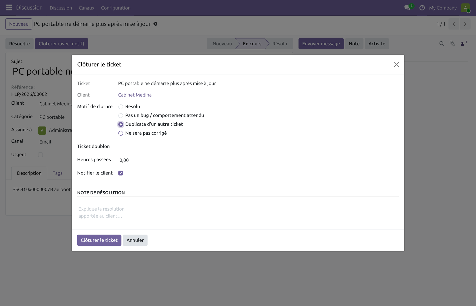 Radio Duplicata sélectionné — le champ Ticket doublon devient visible et requis