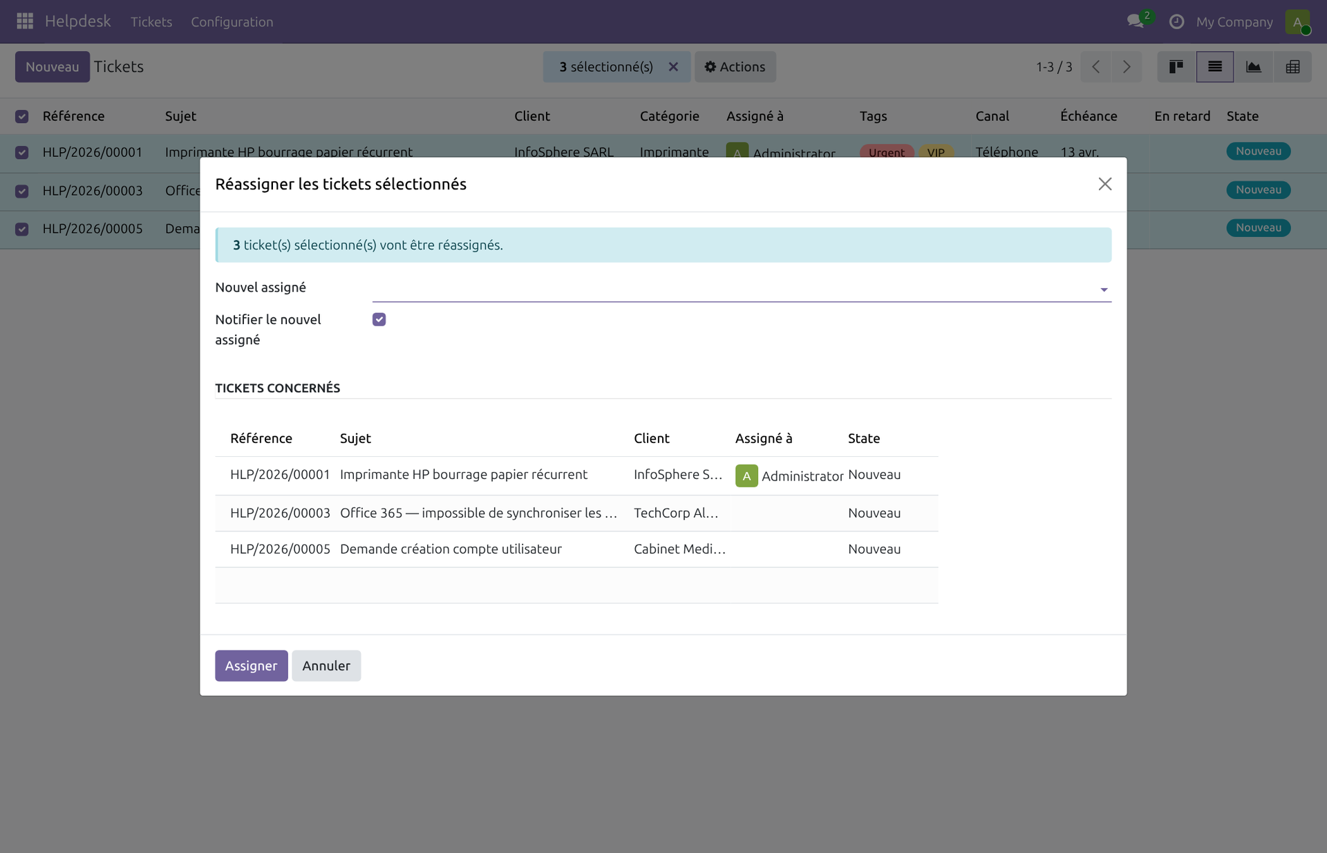 Wizard d'assignation groupée avec la liste des 3 tickets sélectionnés visibles