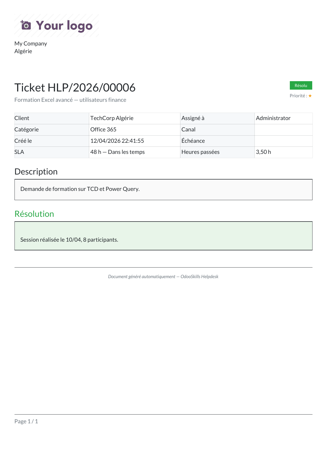 Fiche ticket PDF générée avec Odoo 19 — external_layout, tableau infos, description et résolution