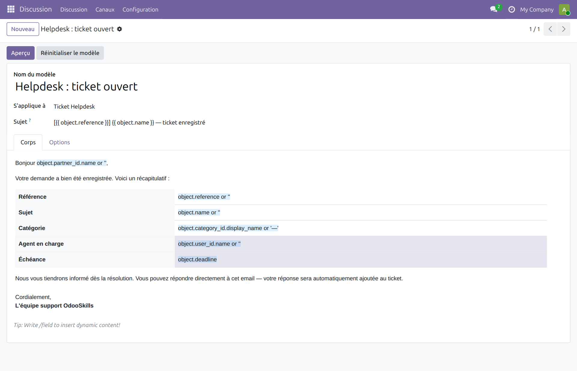 Formulaire mail.template avec variables QWeb surlignées en orange