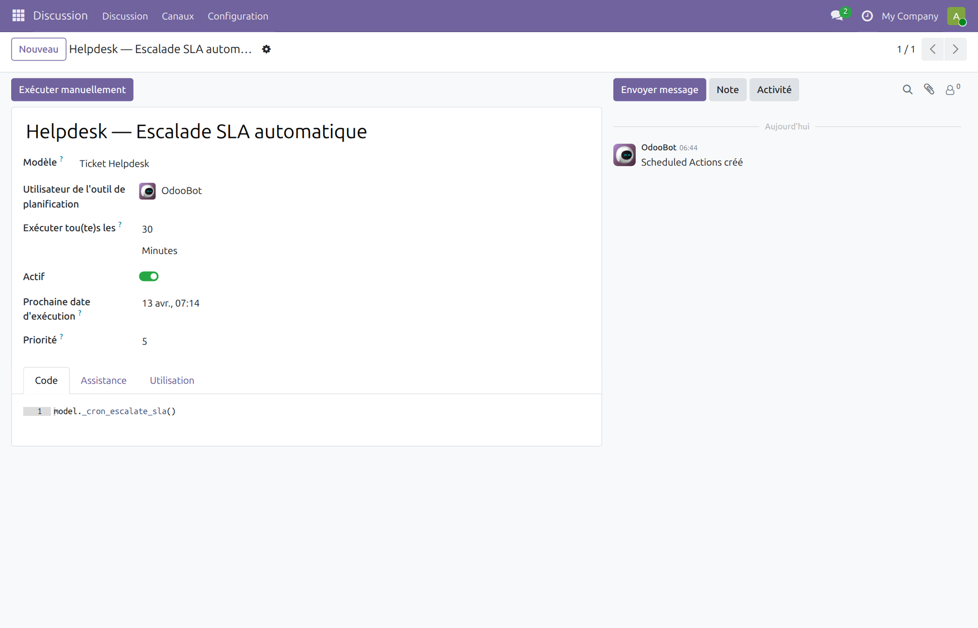 Form ir.cron — Helpdesk Escalade SLA automatique toutes les 30 min avec bouton Exécuter manuellement